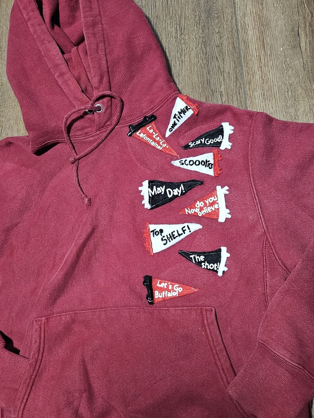 Red Buffalo Sabres Inspired Hoodie With Hockey Call Pennant Graphic